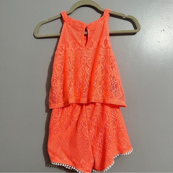 Chilipop girls orange romper with white Pom Pom trim size 10/12 M - Picture 6 of 6